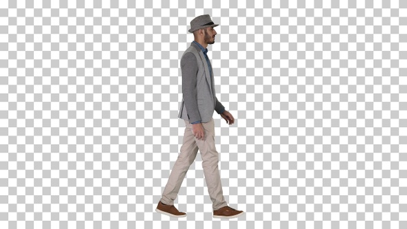 Casual Arabic Man in Hat Walking, Alpha Channel alt