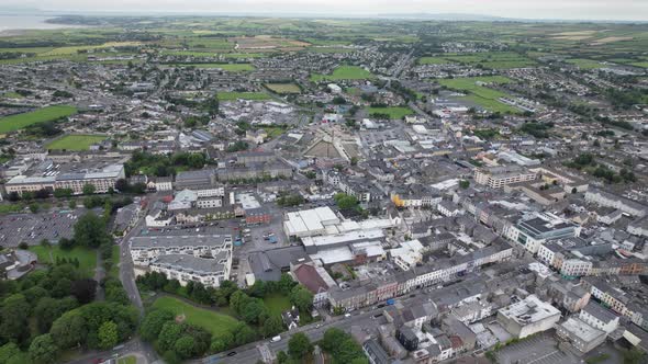 Tralee town centre County Kerry Ireland rising drone aerial view alt