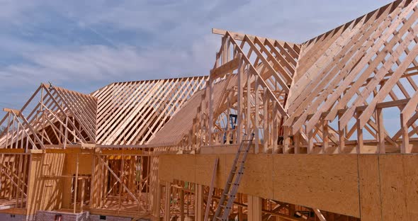 Wooden Beams at Construction the Roof Truss System House alt