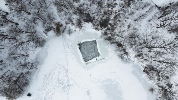 Diy makeshift Ice Rink Martindale Pond St Catharines Canada aerial alt