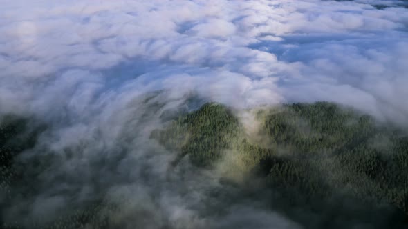 Aerial View Of Clouds Coverage Rolling Over The Forest Terrain in La Palma island
