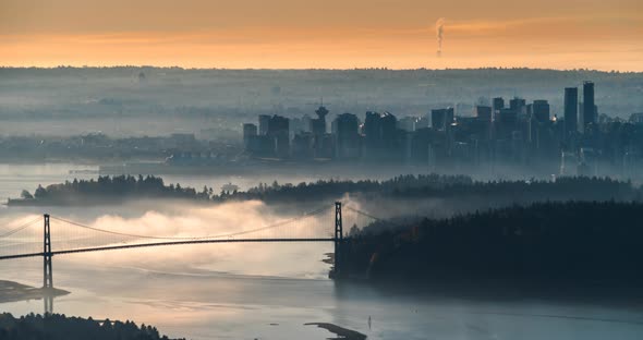 Vancouver Urban City Skyline Foggy Sunrise