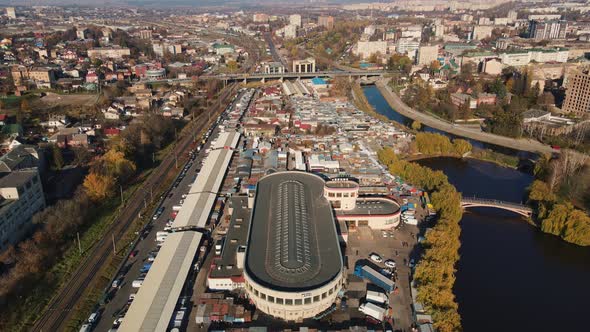 Autumn City Of Rivne Ukraine, Hydropark And Bazaar Wild. Aerial Shot alt