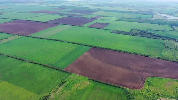 Aerial view of agricultural fields in spring