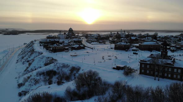 Sviyazhsk Island in Volga River at Winter Small City Village Cathedral Sunset alt