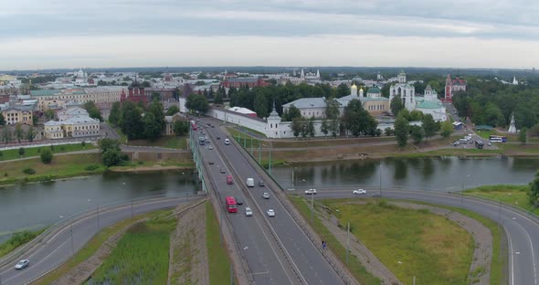 Cars Traffic Over the Bridge Across the River