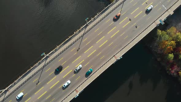 Aerial View, Top Down View of Traffic on a Bridge