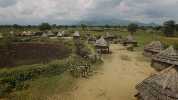 Aerial of Traditional African Village in Karamoja, Uganda, East Africa. 4K alt