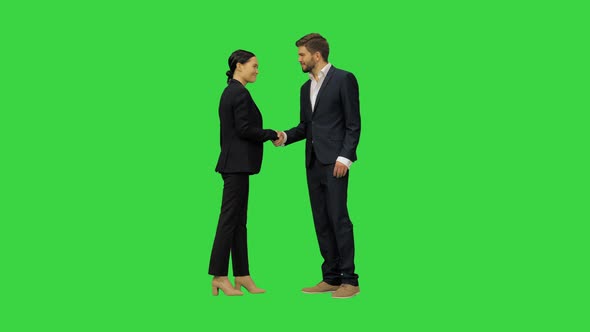 A Bussiness Woman and a Bussiness Man Meet and Shake Hands on a Green Screen Chroma Key alt