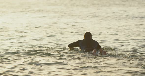 Rear view of mid-adult caucasian male surfer swimming in sea during sunset 4k alt