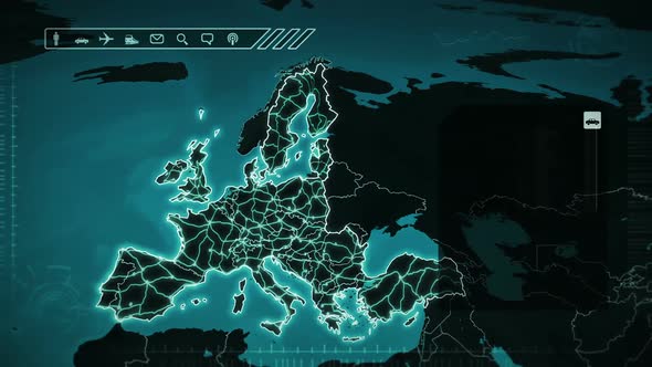 World map with European statistics: Population, Airports, Routes and Railroads. Cyan. Loopable. alt