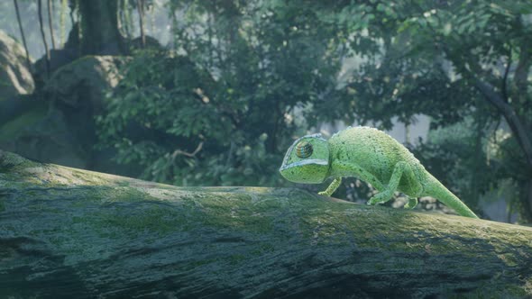 Green Tropical Jungle And A Chameleon
