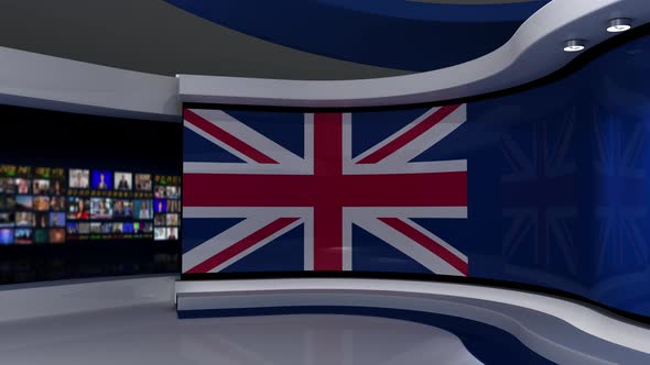 TV studio. British flag.