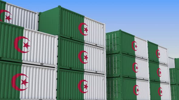 Container Yard Full of Containers with Flag of Algeria alt