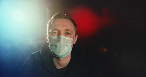 Masked Person Speak Conference Video Mobile Phone. Blogger Coronavirus Covid-19. alt