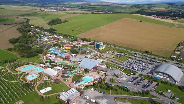 Aerial view of the Tatralandia swimming pool in the town of Liptovsky Mikulas in Slovakia alt