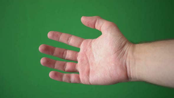 Close Up Hand Of Man Gesture Isolated On Chroma Key Green Screen Background alt