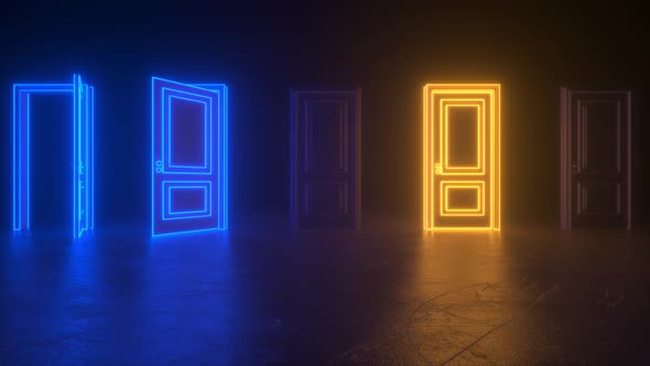 Closed blue orange neon doors made of glowing lines alt
