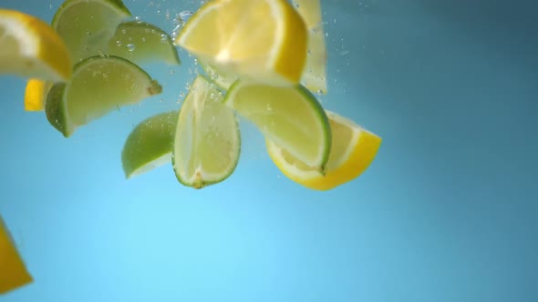 Super slow motion shot of lemons and limes falling into the water with a splash. Blue background.