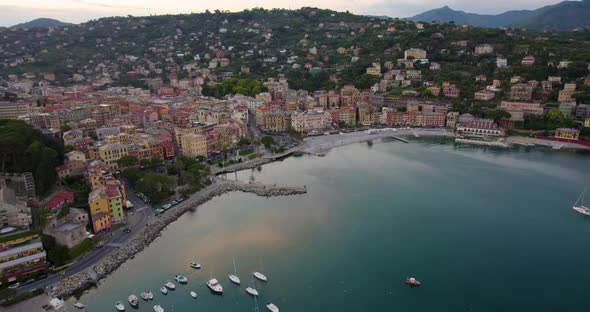 Picturesque Tourism Town near Portofino on Italy Coast at Sunset - Aerial alt