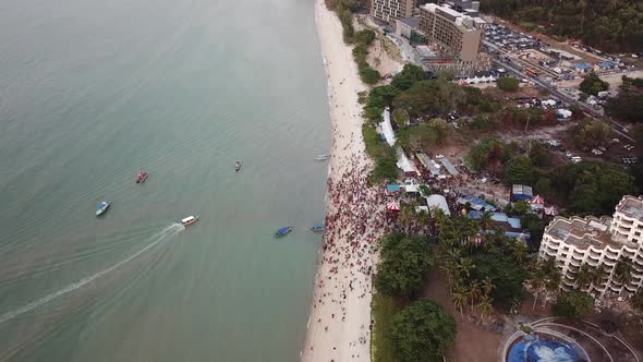 Aerial view a boat arrive floating chariot festival at Teluk Bahang alt