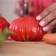 Closeup Cutting Red Ripe Tomato with Knife on Cutting Board in Slow Motion - VideoHive Item for Sale