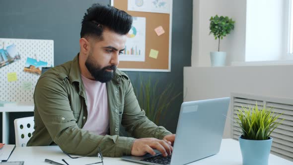 Angry Mixed Race Office Worker Using Computer Then Hitting Table and Leaving Workplace alt