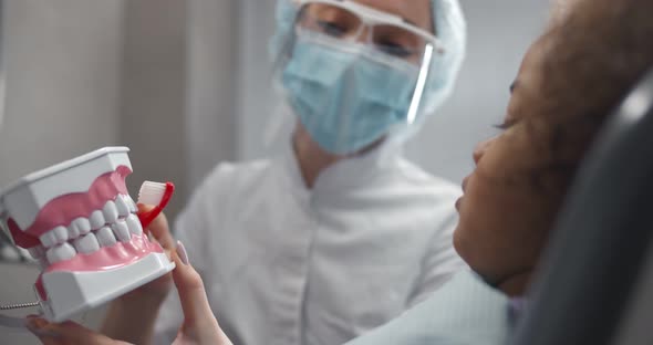 Close Up of Dentist Showing Little Patient How To Brush Teeth Properly alt