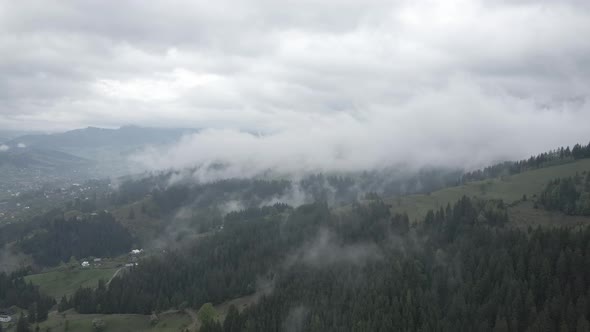 Ukraine, Carpathians: Fog in the Mountains. Aerial. Gray, Flat alt