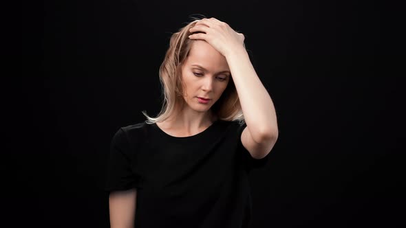 Portrait of Tired Woman Upset Suffering Headache Migraine Posing Isolated alt