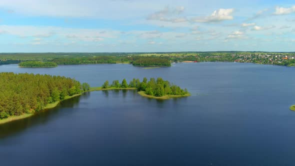 aerial drone view of lake in Zarasai, Lithuania. Holiday in Lithuania concept. Zarasai lake with dee alt