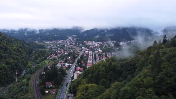 Drone Mountain Countryside Village on Mist Forest Hill