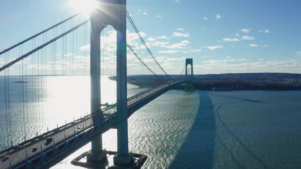 Aerial Drone Shot Flying Next to Deck of the Verrazano Bridge in New York City