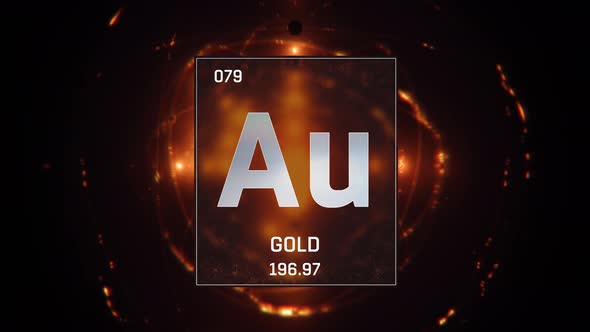 Gold as Element 79 of the Periodic Table on Orange Background