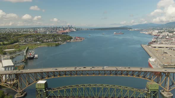 Vancouver, British Columbia, Canada. Aerial view of Industrial Sites and Second Narrows Bridge. Sunn alt