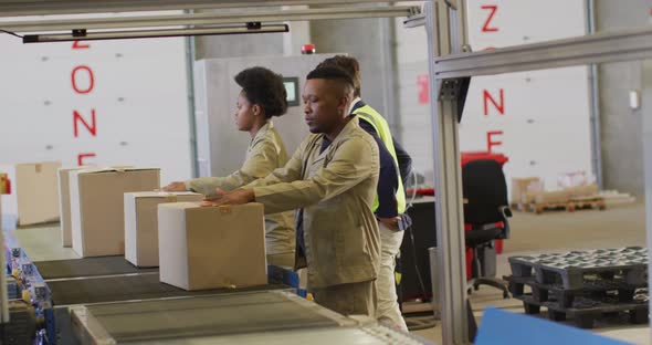 Diverse male and female workers with boxes on conveyor belt in warehouse alt