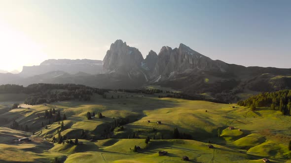 Aerial Fly at Alpe di Siusi in Dolomites Alps Italy alt