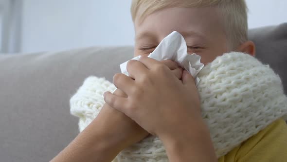 Ill Schoolboy Blowing Nose Tissue, Virus Symptom, Infection Treatment, Medicine