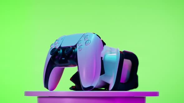 Virtual Reality Glasses and Joystick on Chroma Key Green Background alt