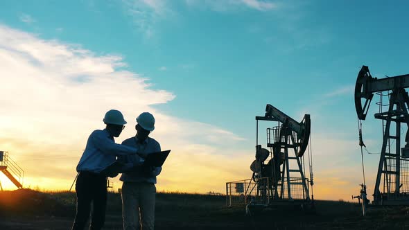 Two Engineers Working at Oil Field Surrounded By Oil Pumpjacks alt