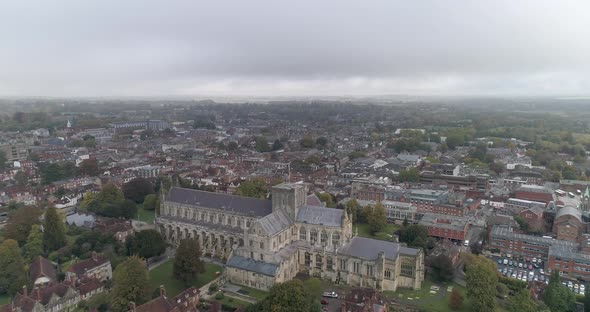 Aerial push in over Winchester Cathedral alt