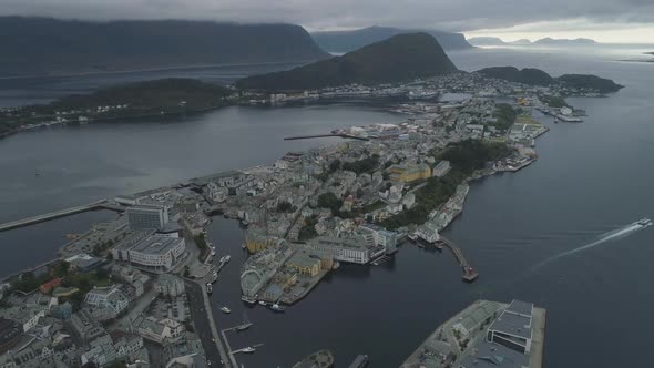 Alesund Town In Norway in Cloudy Day on Sea Coast. Aerial High Altitude View alt