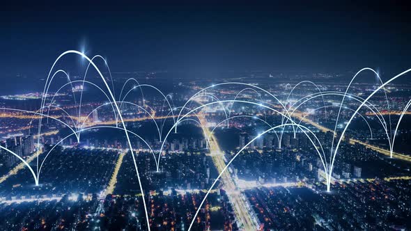 smart Connected city skyline. Futuristic network concept, city Technology. alt