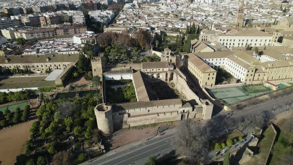 Museum of Alcázar de los Reyes Cristianos in Cordoba, Andalusia. Aerial Tilt Up