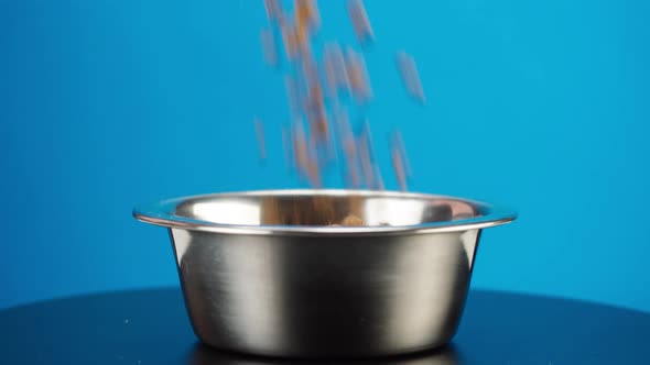 Pouring Dry Dog Food Into Metal Bowl Closeup alt