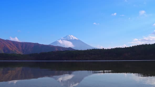 Beautiful scenery of lake Saiko with mountain Fuji in background during autumn in Japan
