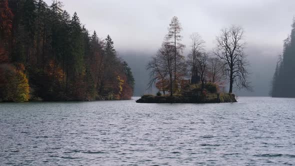 Autumn misty morning lake Konigssee, Bavaria, Germany alt