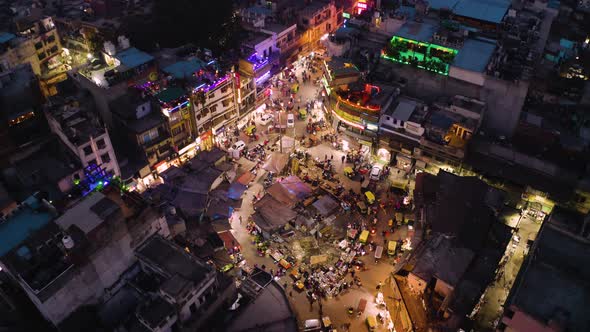 Delhi, India, Main bazaar 4k night aerial drone alt