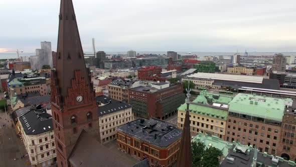 Aerial view of church tower spire in Malmö