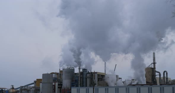 Paper Factory, Tartas, Landes department, France. Water vapor against  a grey sky alt